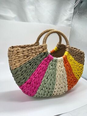Colorblock Woven Straw Tote Bag